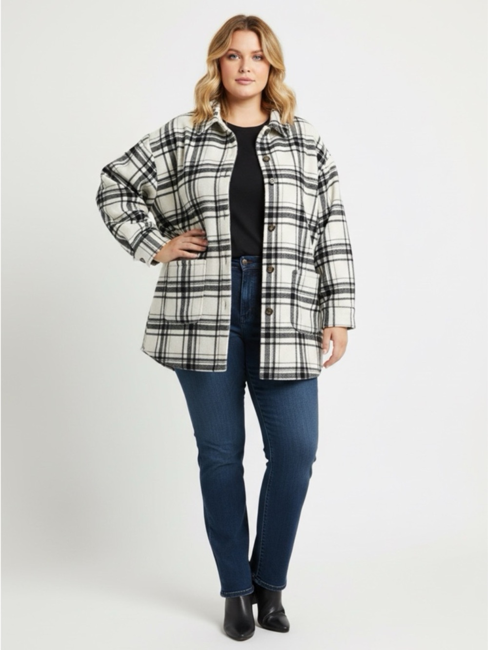 Style & Co Plaid Fleece Lined Shacket Jacket Cream White Button Front Women's